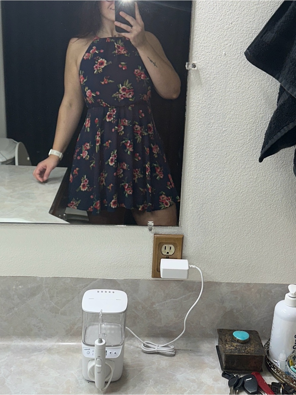 Blue Rain Navy Halter Mini Dress with Pink Floral Print